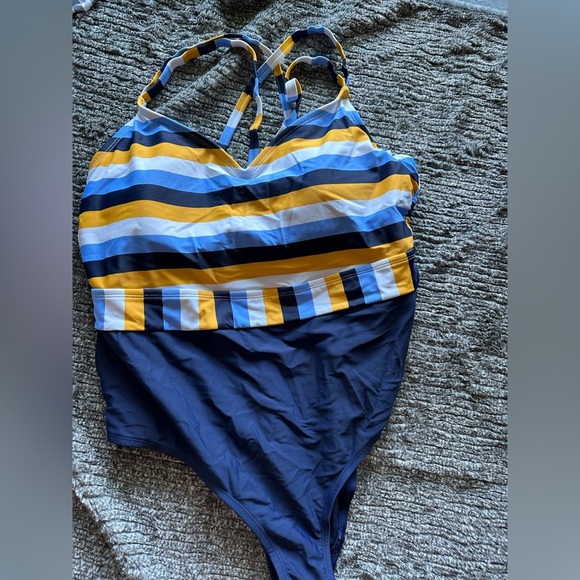 Kona Sol Other - Kona Sol Navy, Yellow & Light Blue Striped One-Piece Swimsuit